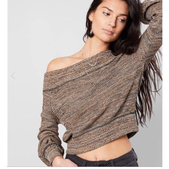 Free People Off-Shoulder Sugar Rush Sweater Brown/Black L Boho Winter - Picture 8 of 8